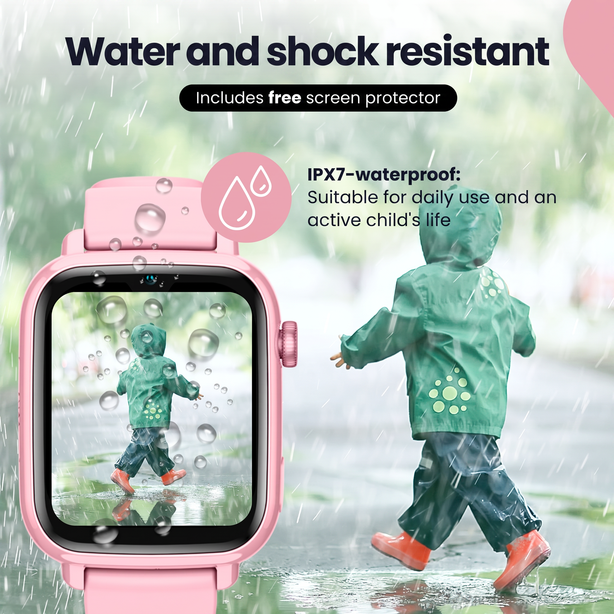 Waterdicht roze kinderhorloge met een kind in regenjas op het scherm.