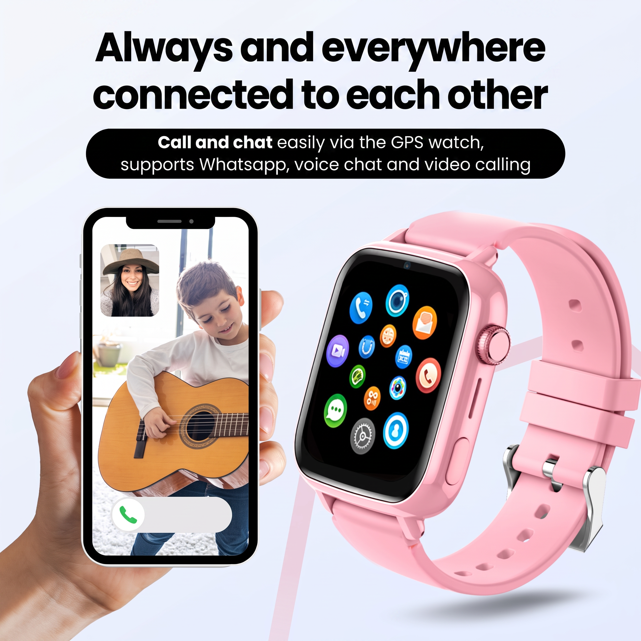 Roze smartwatch en smartphone tonen een gitaarspelende jongen, met tekst over bellen en chatten.
