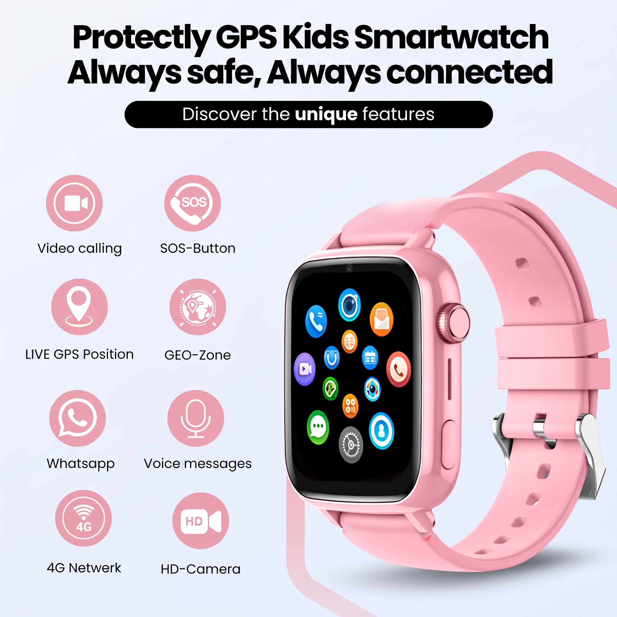 Roze kinder-smartwatch met app-iconen en functies aan de linkerkant.