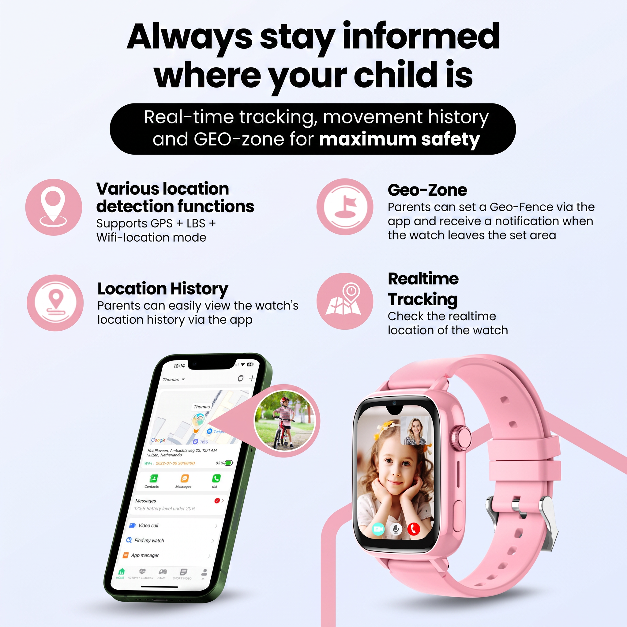 Een smartphone en een roze kindersmartwatch tonen GPS-tracking en veiligheidsfuncties.