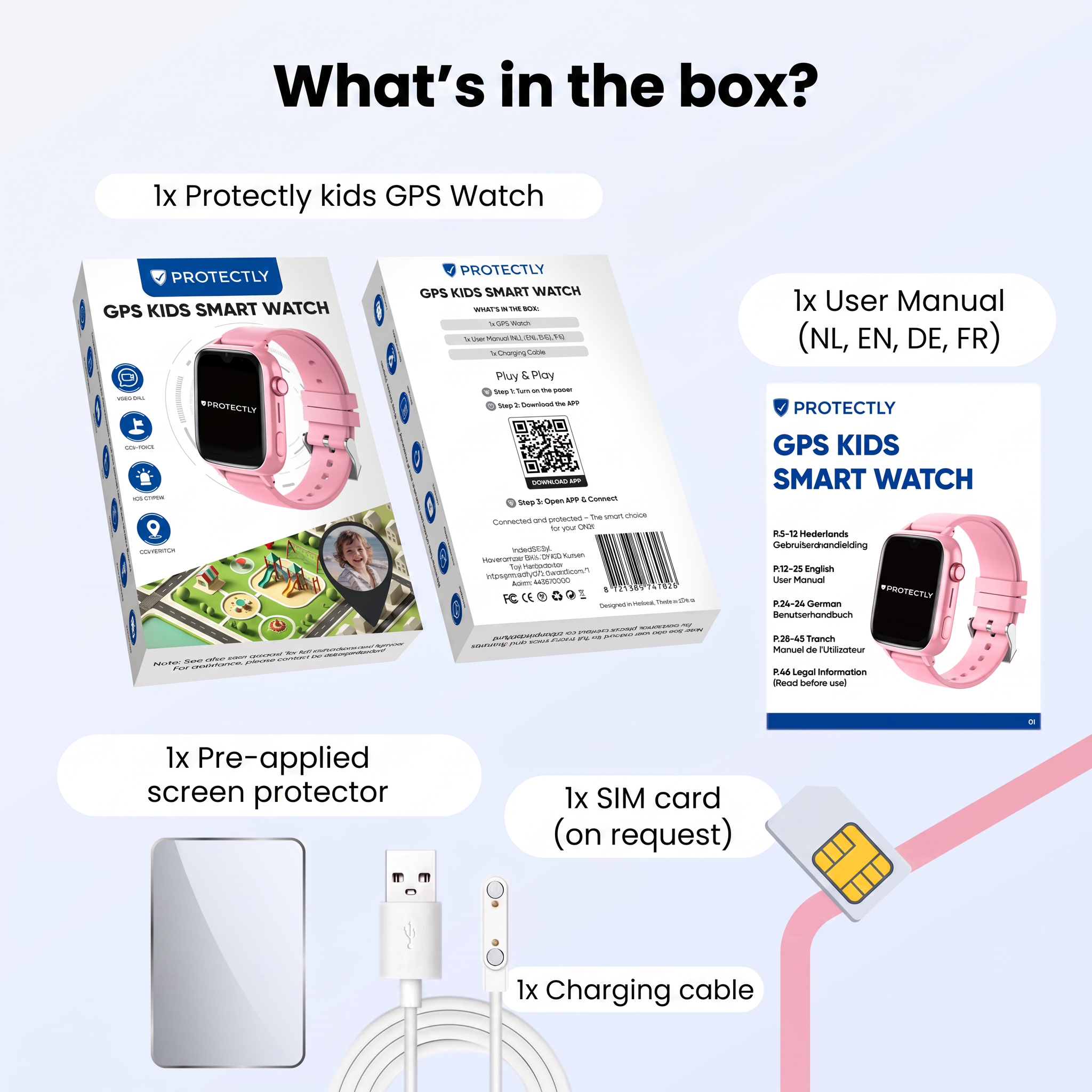 In de doos: GPS-kinderhorloge, handleiding, screenprotector, oplaadkabel en simkaart.