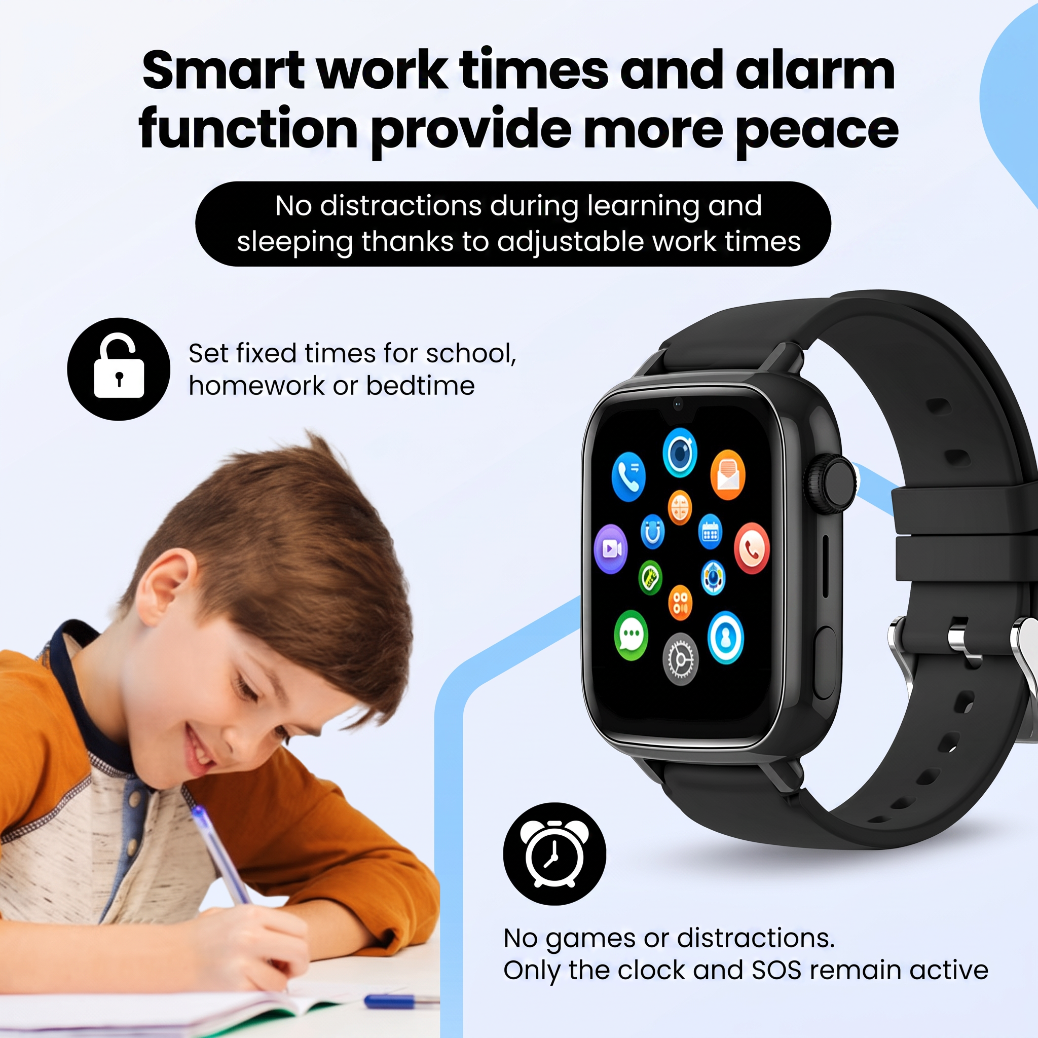 Een kind schrijft terwijl een zwarte smartwatch met app-iconen op het scherm ernaast staat.