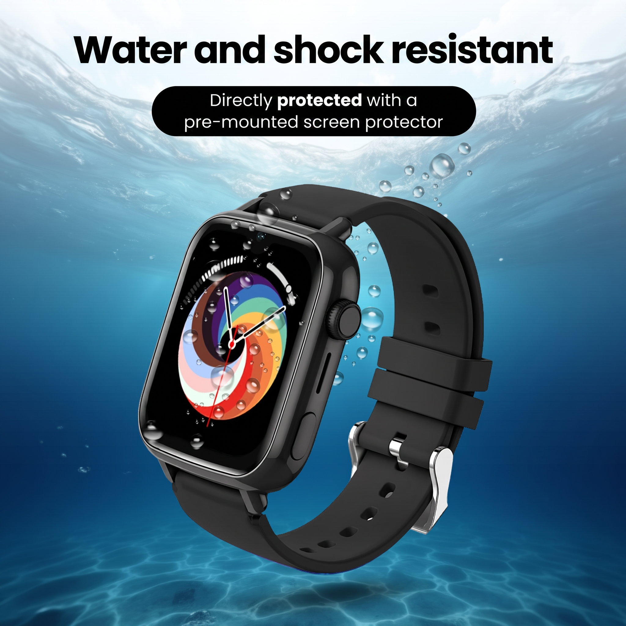 Zwarte smartwatch met regenboog wijzerplaat onder water, met tekst over waterbestendigheid.