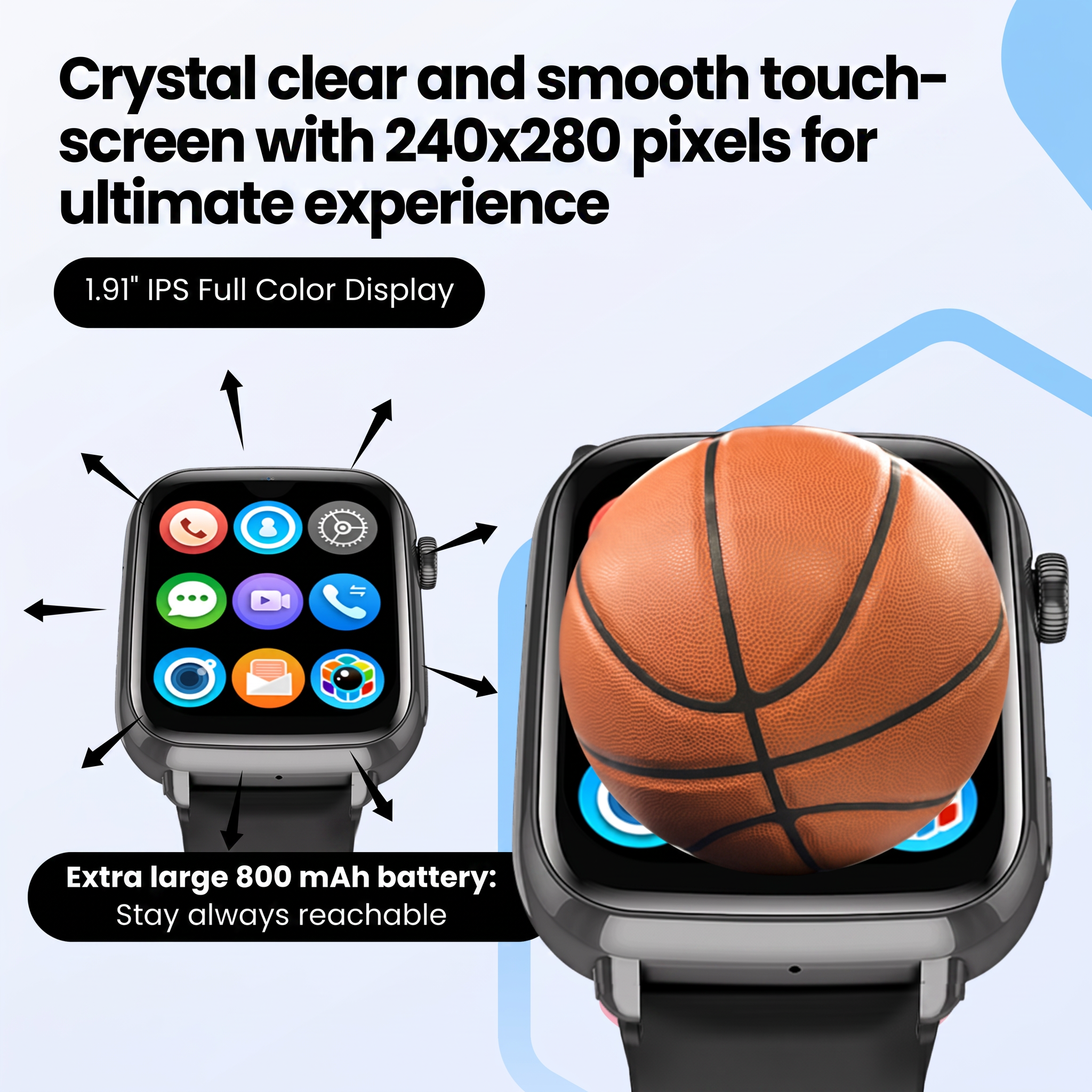 Smartwatch-advertentie met een basketbal op het scherm en specificaties.
