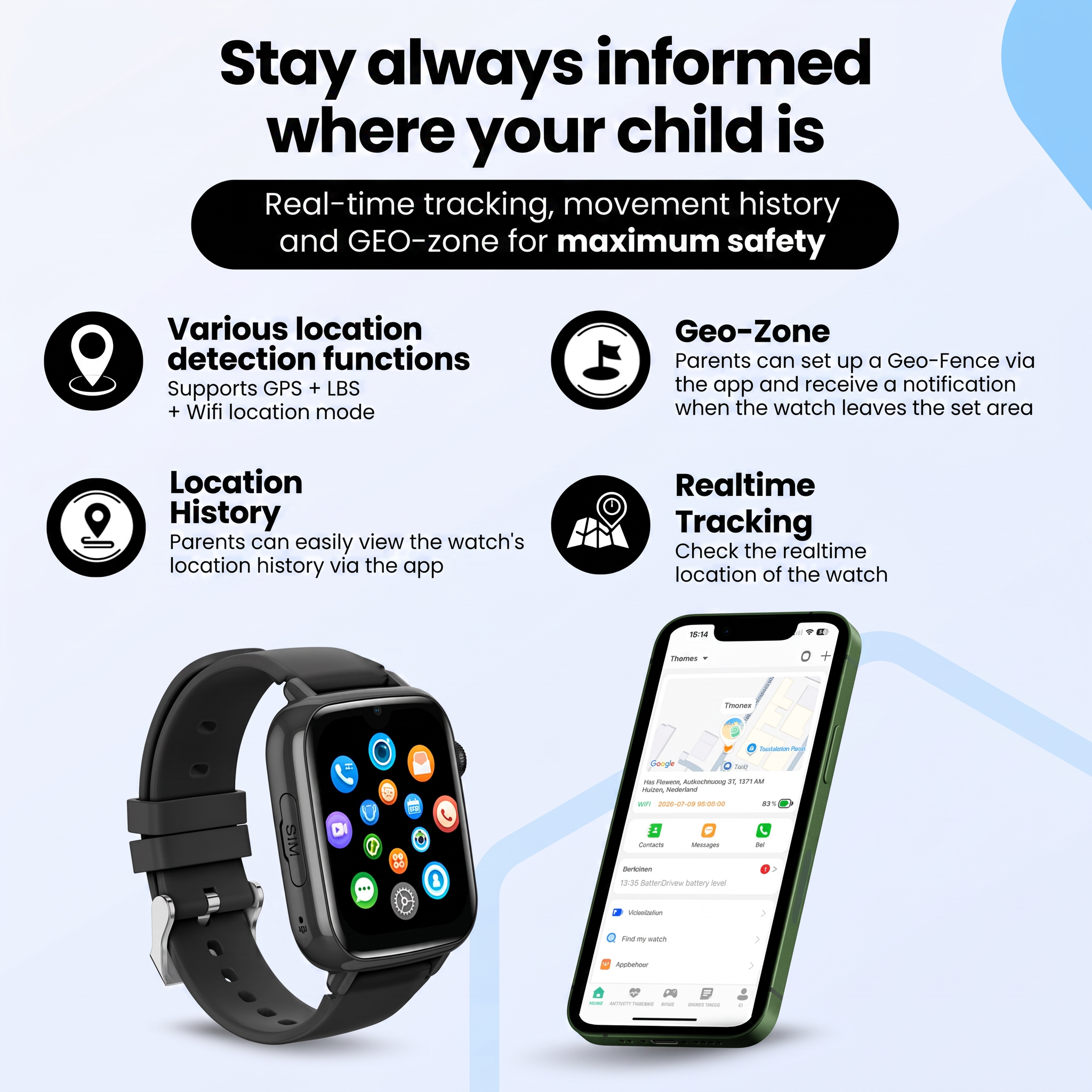 Promografiek voor kindersmartwatch met GPS-tracking, geofence, locatiegeschiedenis en app.