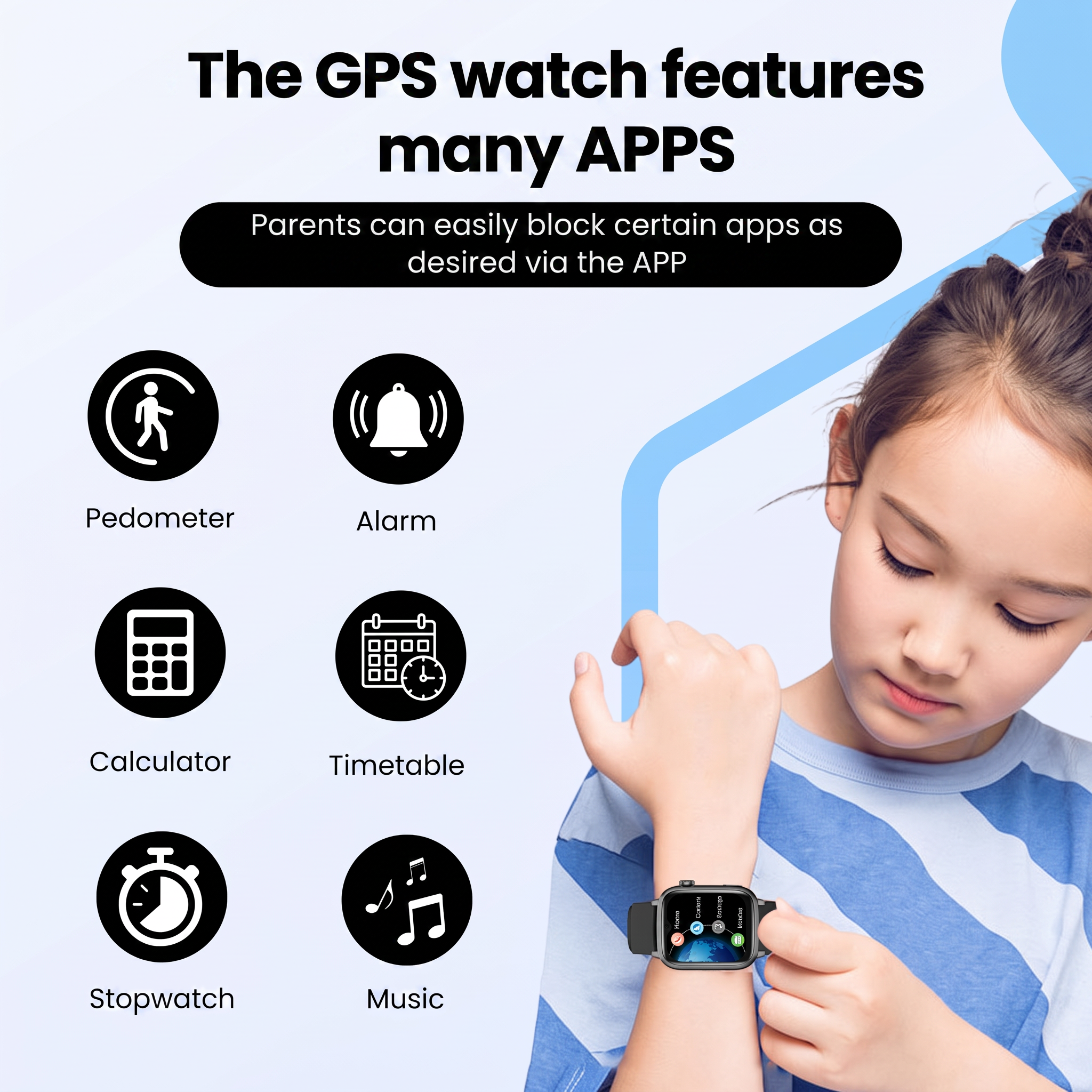 Een kind draagt een GPS-horloge, links toont pictogrammen voor stappenteller, alarm, rekenmachine, rooster, stopwatch en muziek.