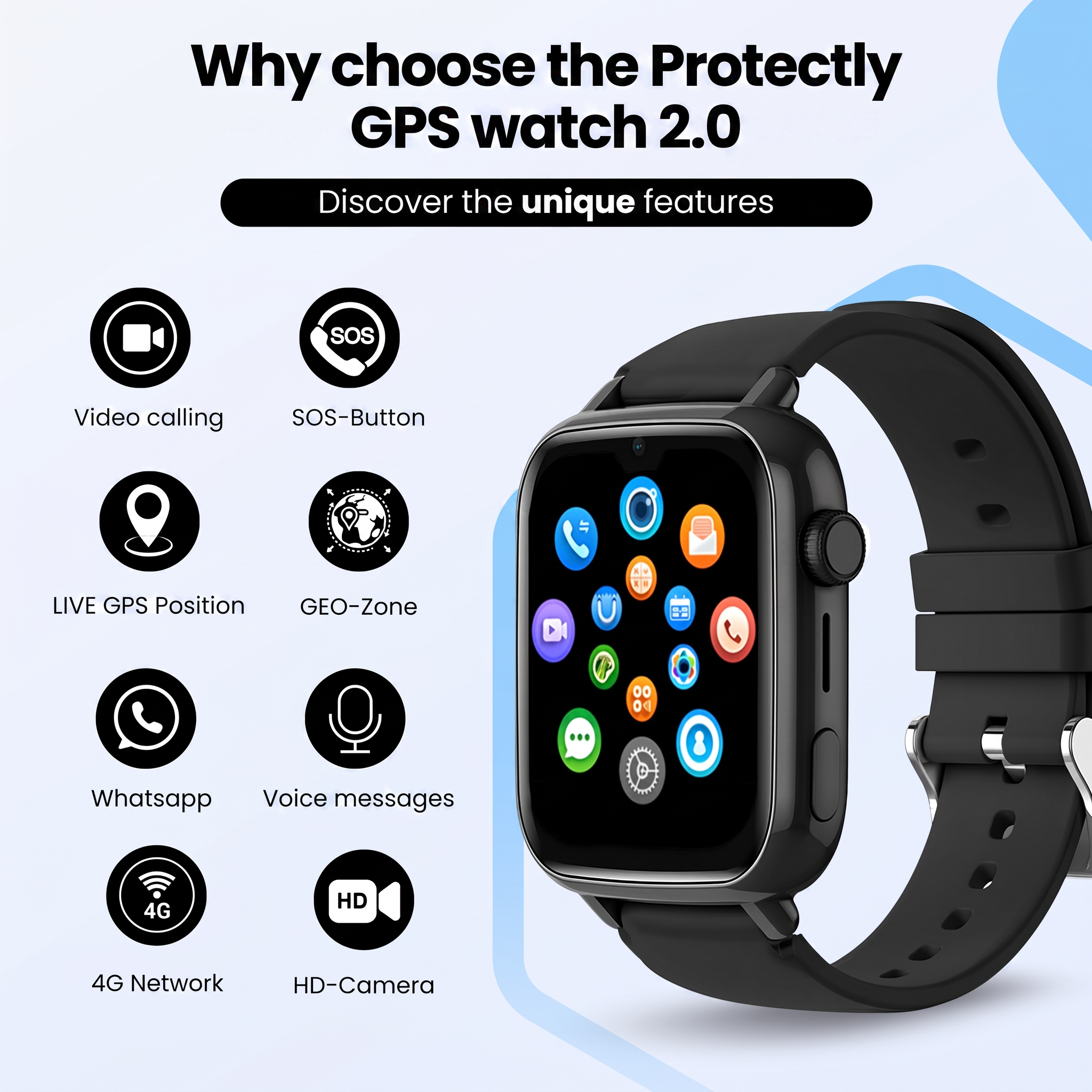 Zwarte Protectly GPS-horloge 2.0 met app-pictogrammen en functiesymbolen.