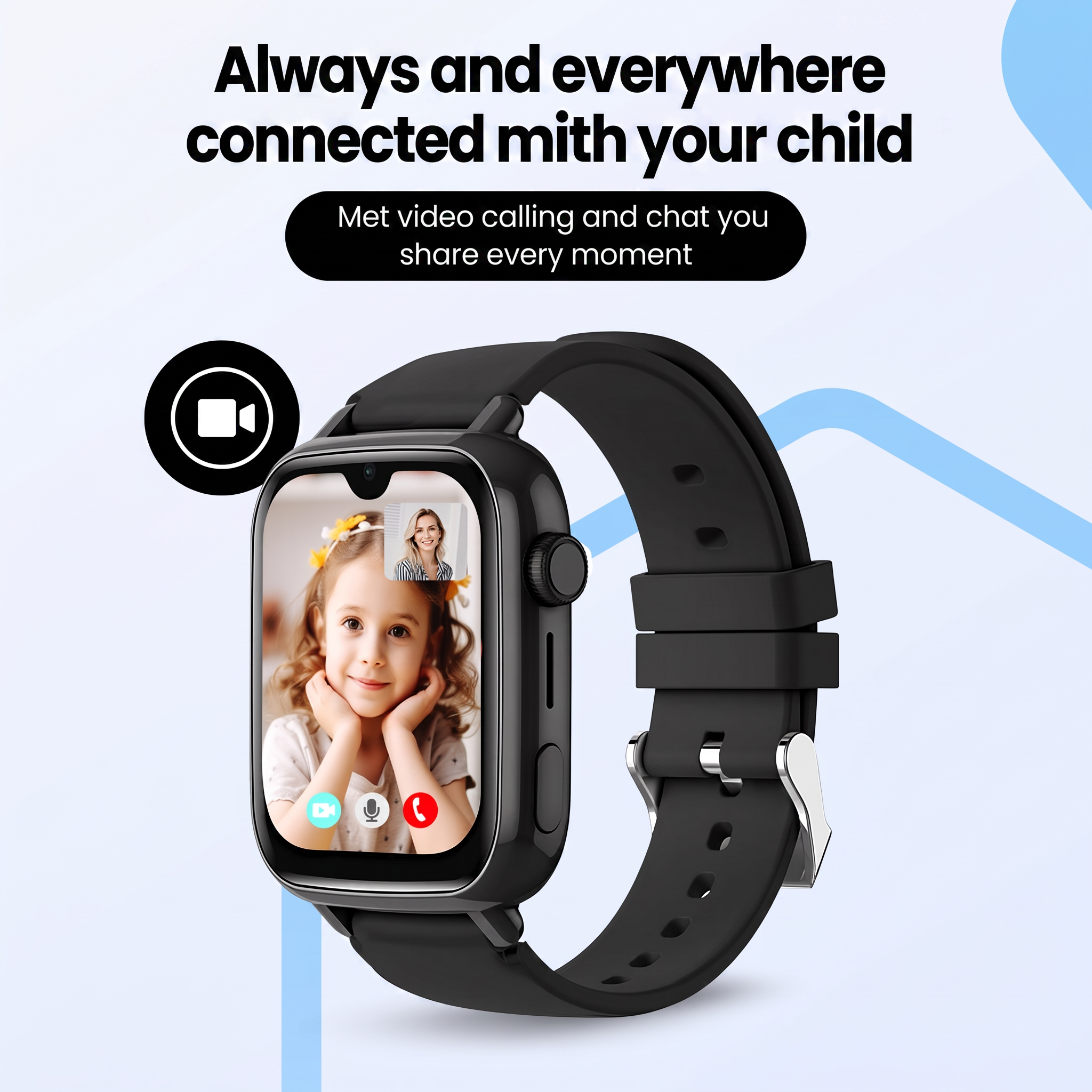 Zwarte smartwatch met videobelweergave van een kind, voorzien van promotietekst op lichte achtergrond.