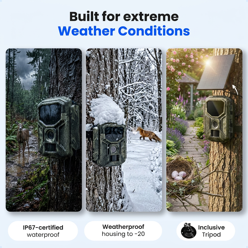Drie wildcamera's op bomen tonen weerbestendigheid bij regen, sneeuw en zon.