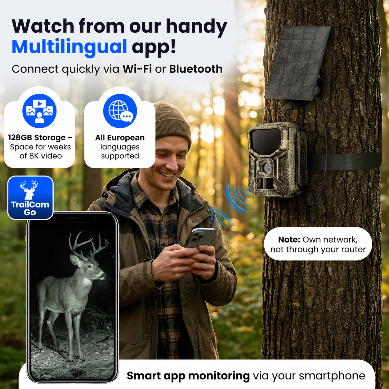 Een man in het bos gebruikt een smartphone-app om beelden te bekijken van een wildcamera met zonnepaneel op een boom.