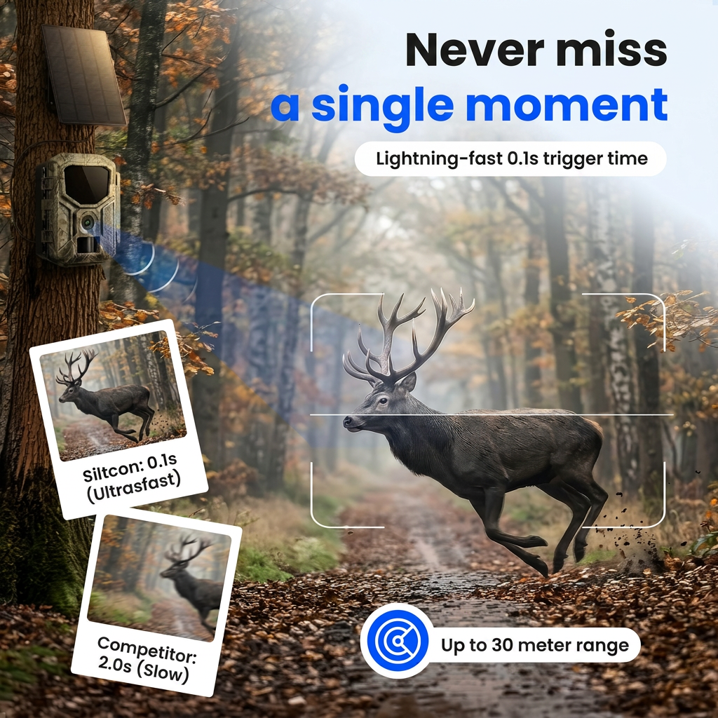 Wildcamera aan een boom legt een rennend hert in het bos vast.