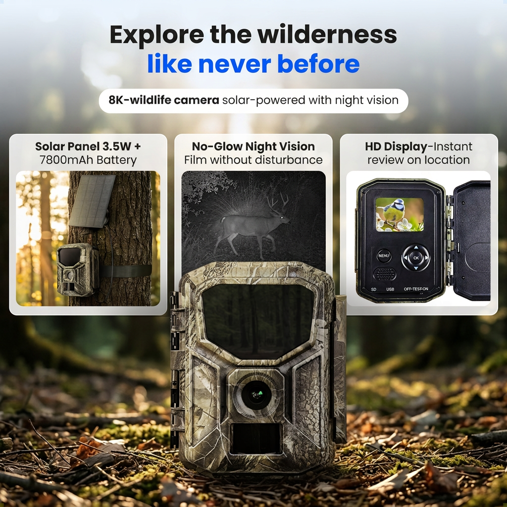 Camo wildcamera in een bos met zonnepaneel, nachtzicht en HD-scherm.