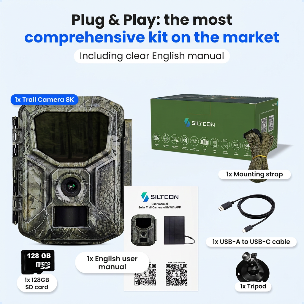 Plug & Play wildcameraset met camouflagecamera, doos, 128GB SD-kaart, handleiding, USB-kabel, riem en statief.
