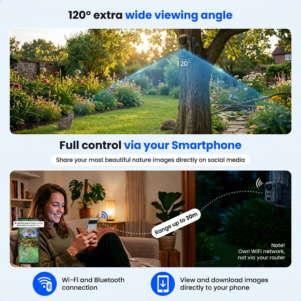 Wildcamera met 120 graden zicht en smartphonebediening.