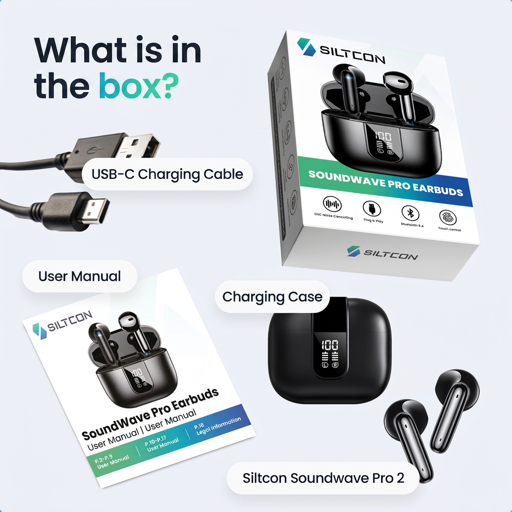 Lieferumfang von Siltcon Soundwave Pro Earbuds: Ladecase, USB-C-Kabel, Ohrstöpsel, Handbuch und Box.