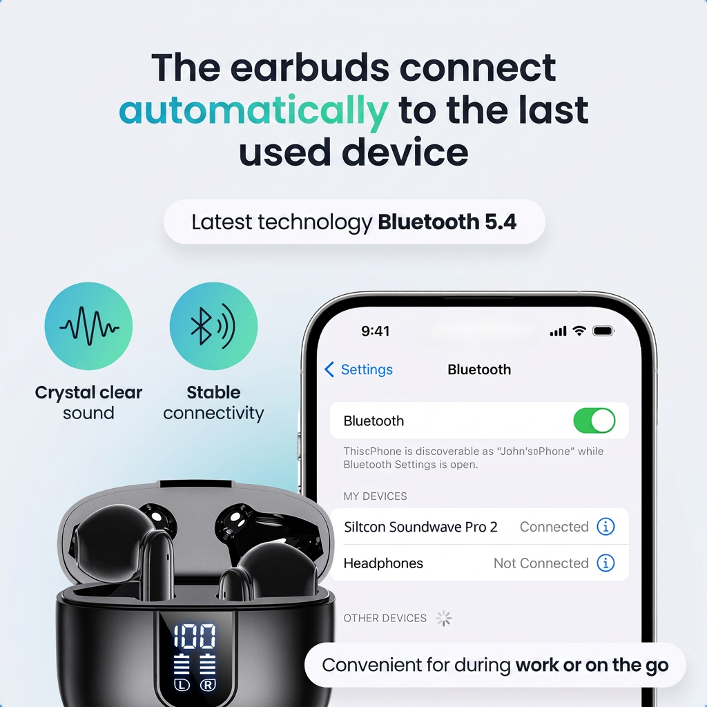 Grafik zeigt schwarze Ohrhörer im Ladecase und ein Smartphone mit Bluetooth-Verbindung.