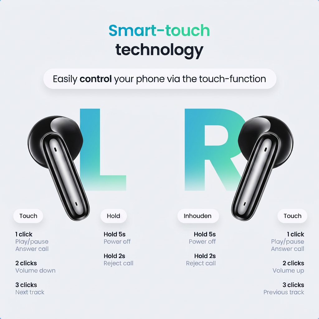 Diagramm zeigt die Smart-Touch-Steuerung für linke und rechte kabellose Ohrhörer mit Bedienungsanleitung.