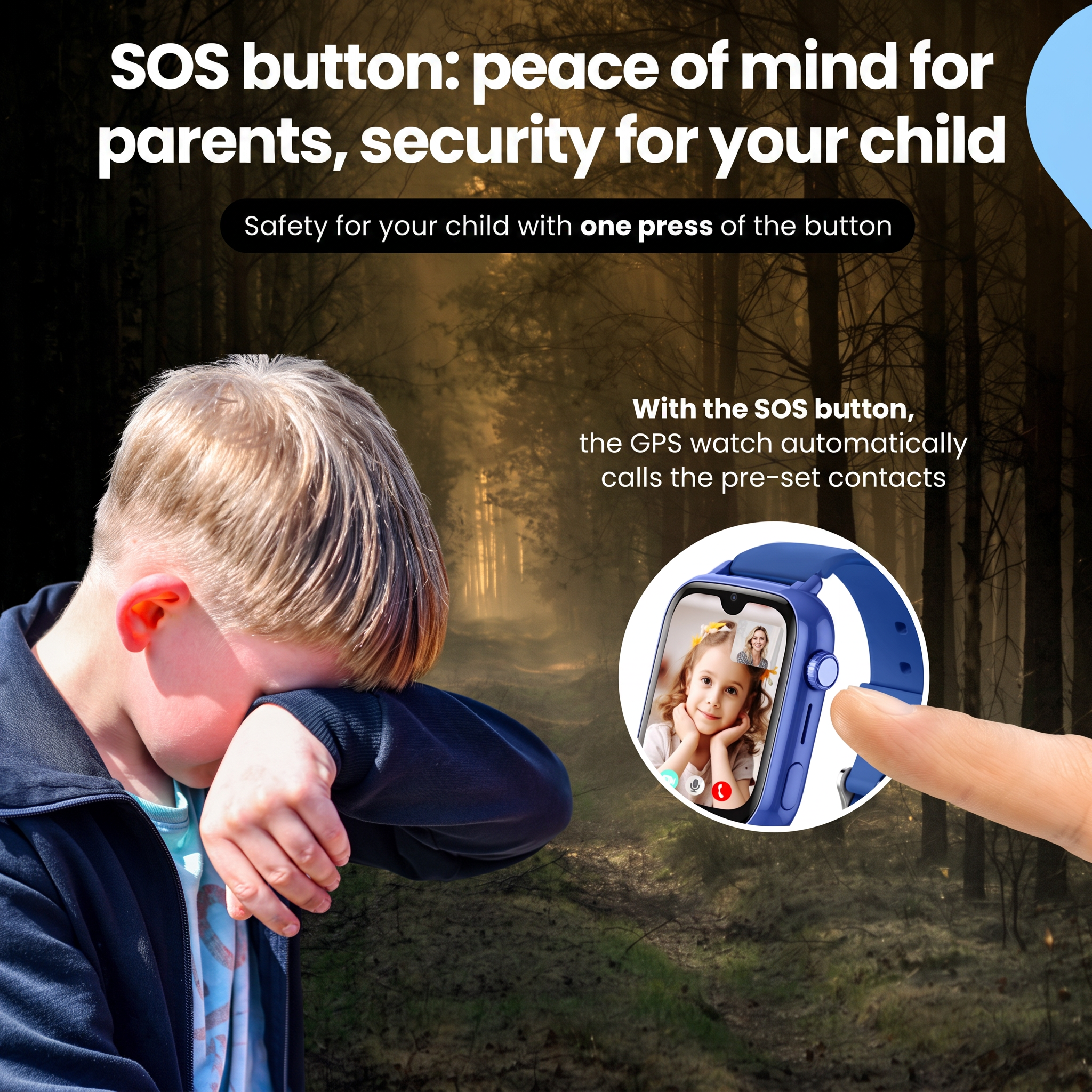 Een huilend kind in het bos en een hand die de SOS-knop op een blauw kinderhorloge indrukt.