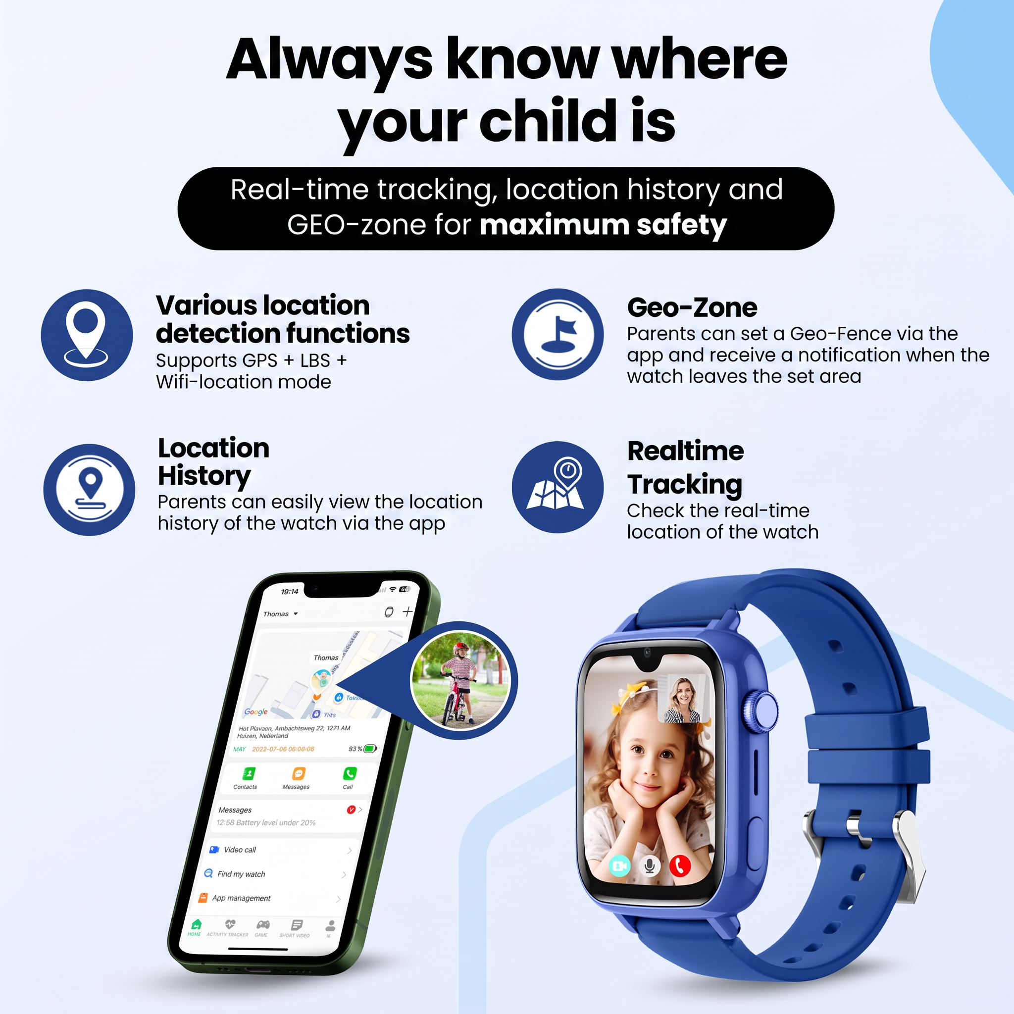 Promografiek voor kinder-smartwatch met locatietracking, geofence en app-functies op lichte achtergrond.