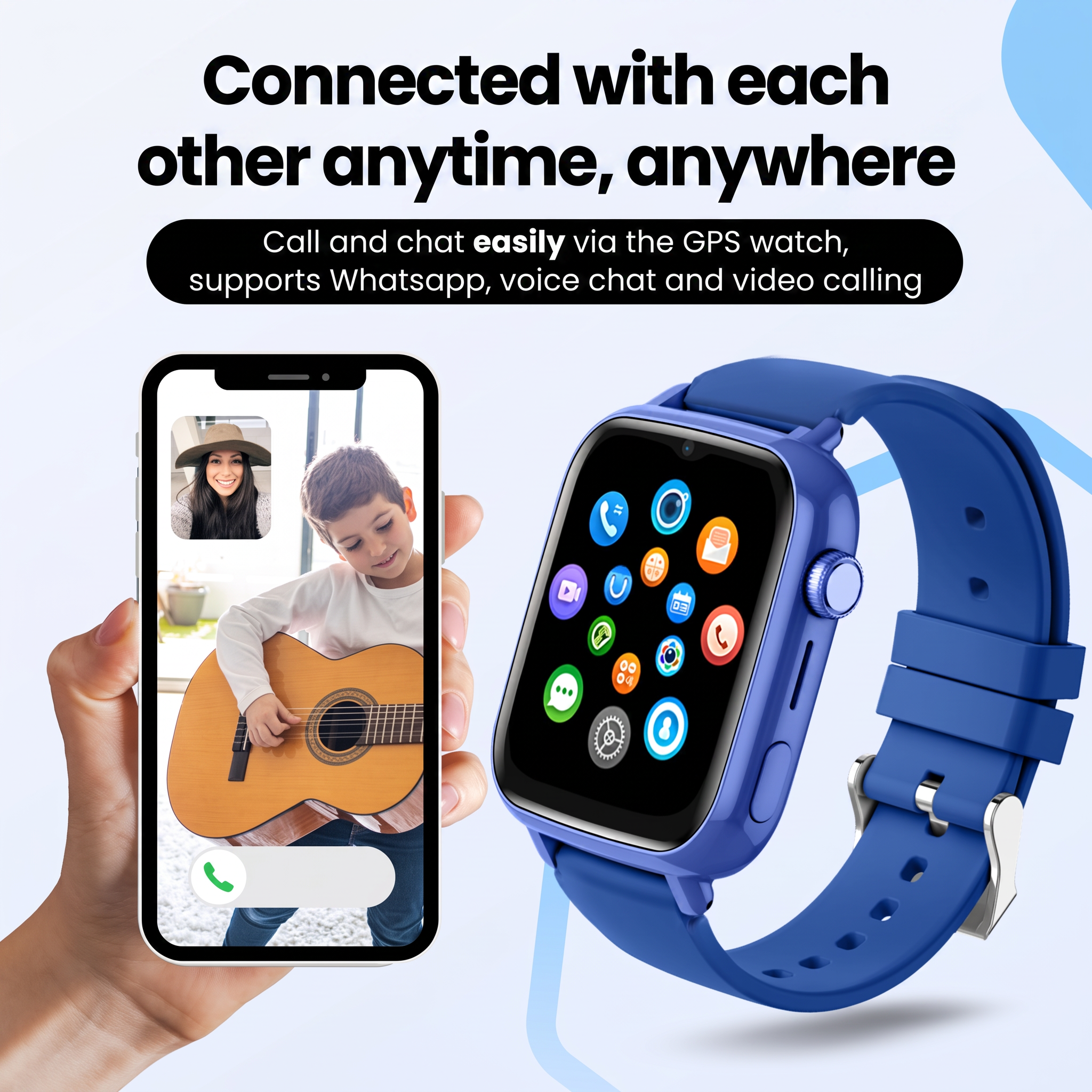 Blauwe kinder-GPS-horloge naast een smartphone met videogesprek van een gitaar spelende jongen.