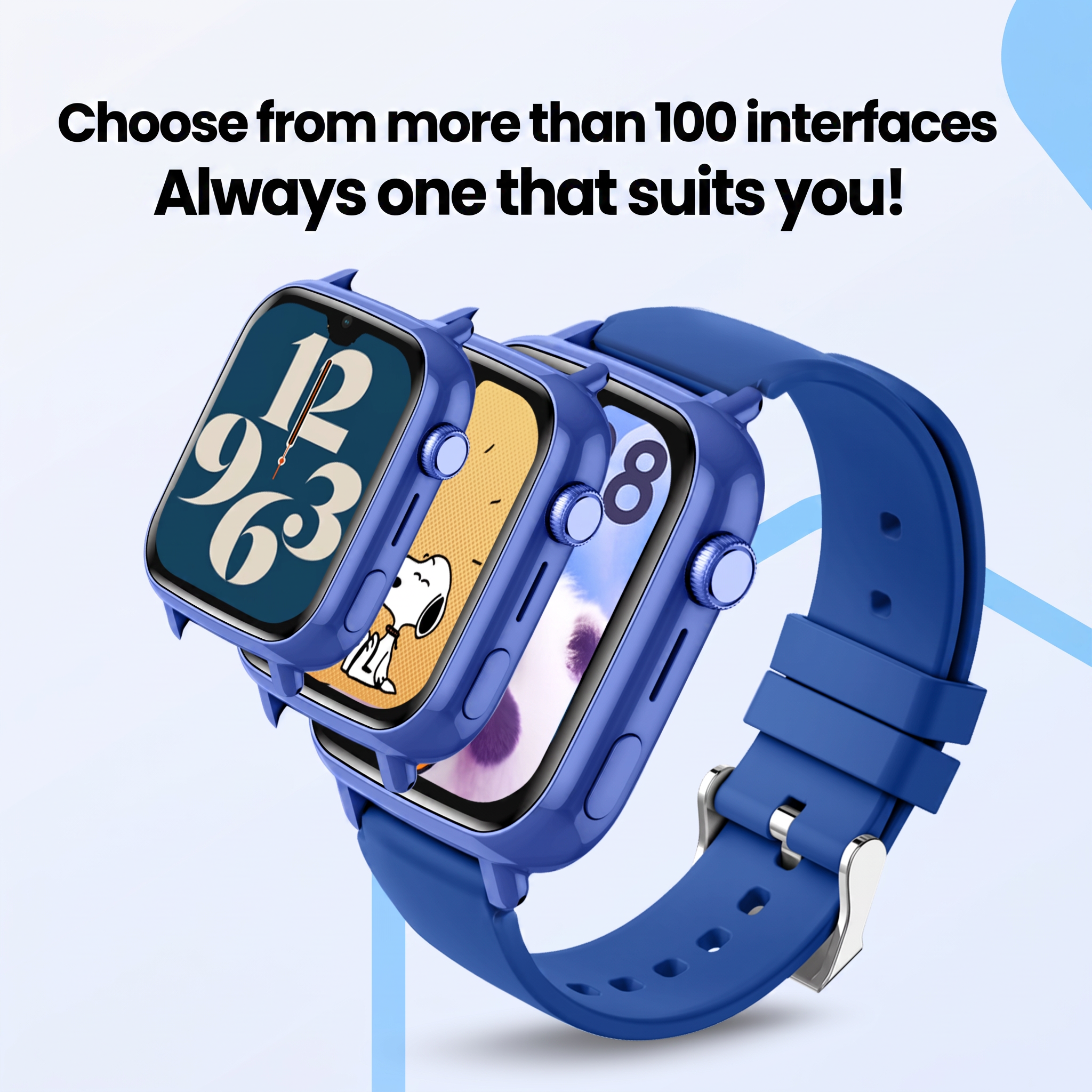 Drie blauwe smartwatches met verschillende wijzerplaten op een lichtblauwe achtergrond met tekst.