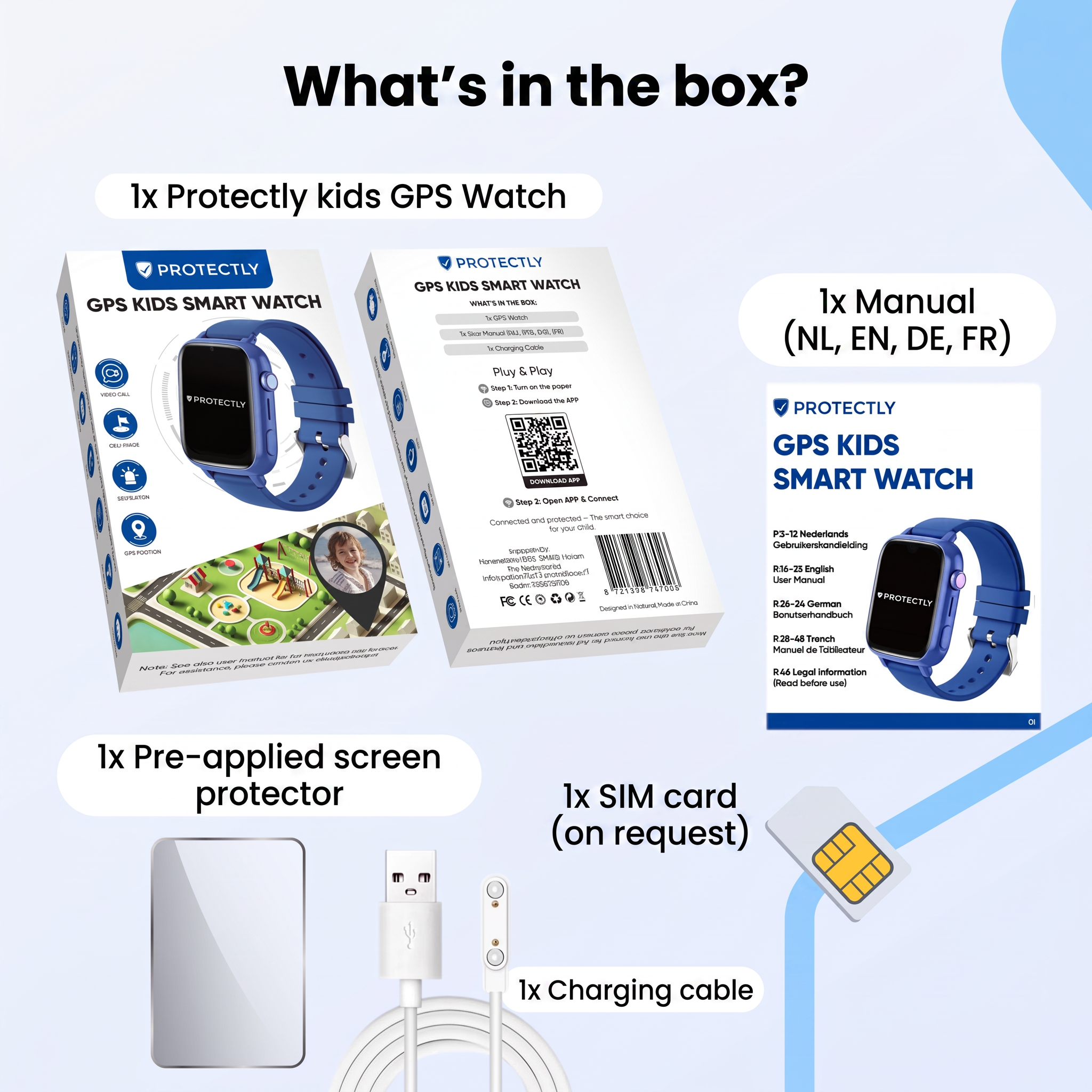 Inhoud: Protectly kinder GPS-horloge, handleiding, screenprotector, oplaadkabel en optionele simkaart.