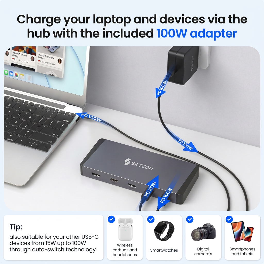 Ordinateur portable connecté à un hub avec adaptateur 100W sur un bureau.