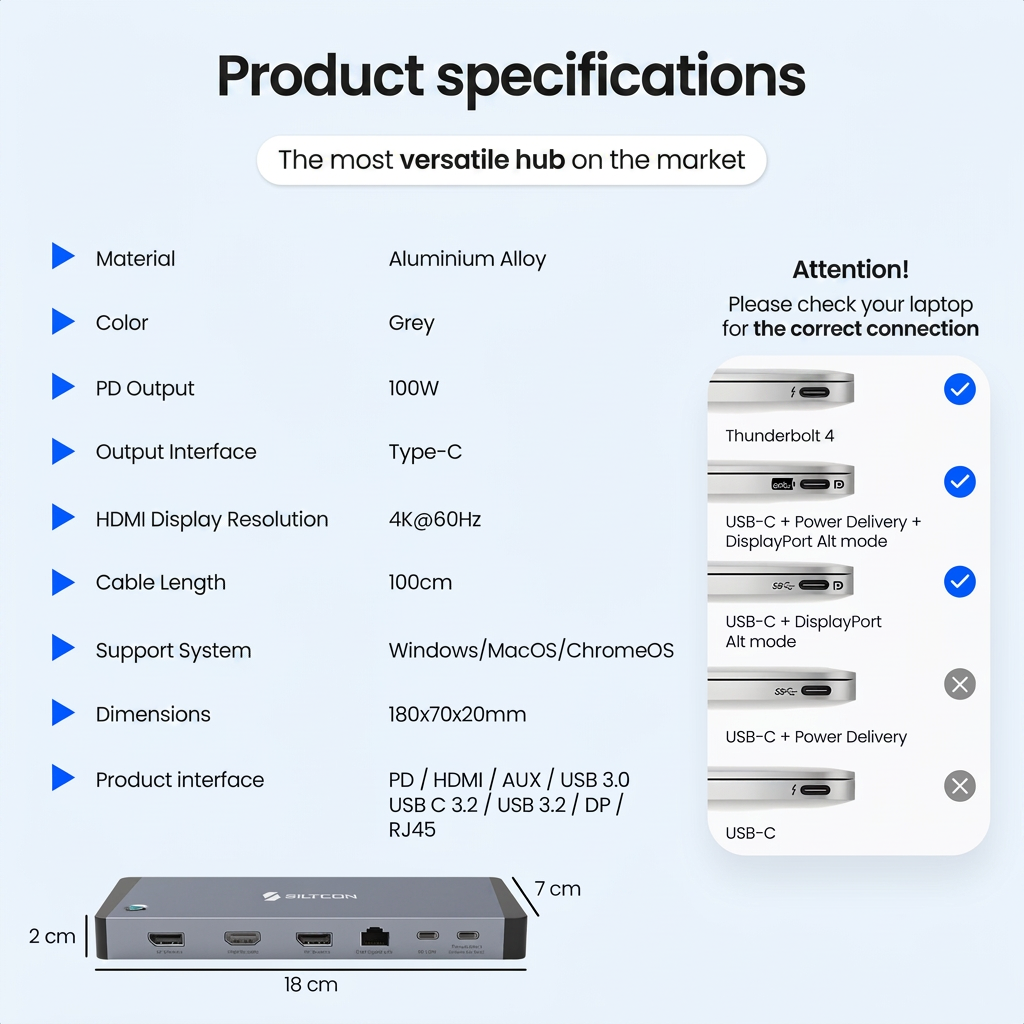 Spécifications d'un hub USB-C en aluminium gris avec données techniques et détails de compatibilité.