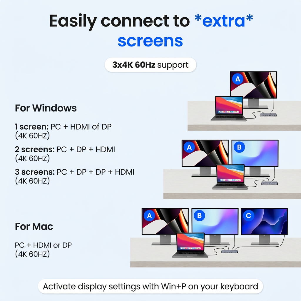 Schéma montrant les connexions d'écrans 4K multiples pour Windows et Mac via une station.
