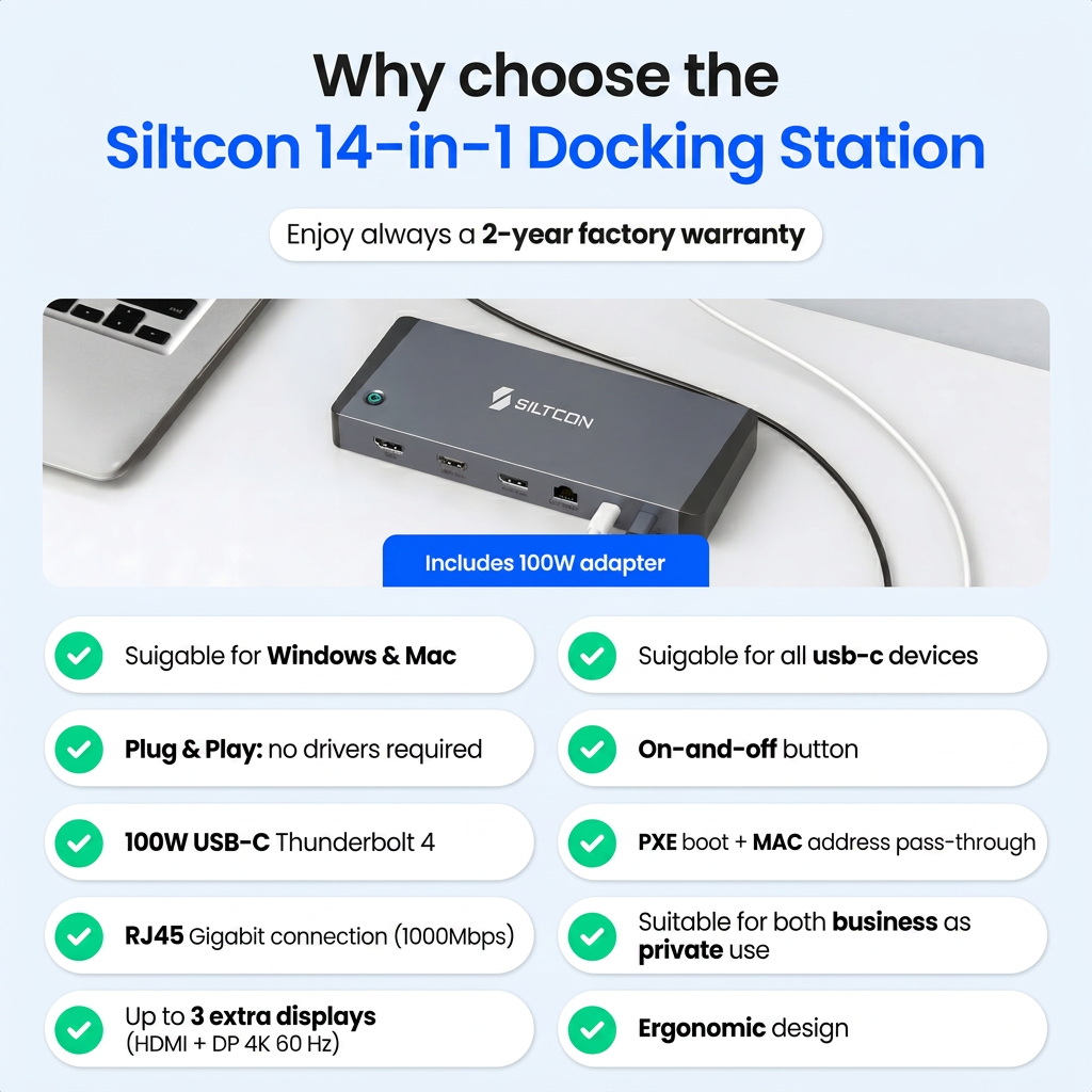 Publicité pour la station d'accueil Siltcon 14-en-1 avec liste des fonctionnalités.