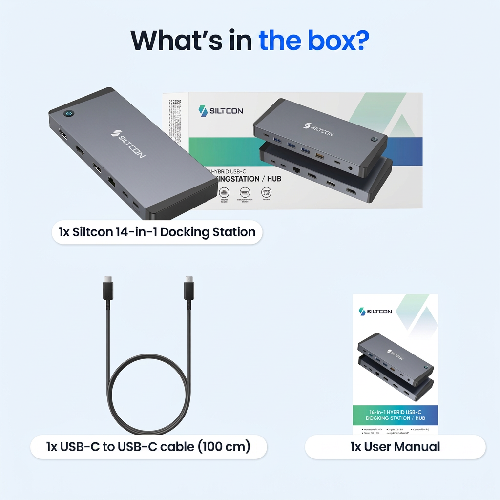Contenu de la boîte : station d'accueil Siltcon 14-en-1, câble USB-C et manuel d'utilisation.