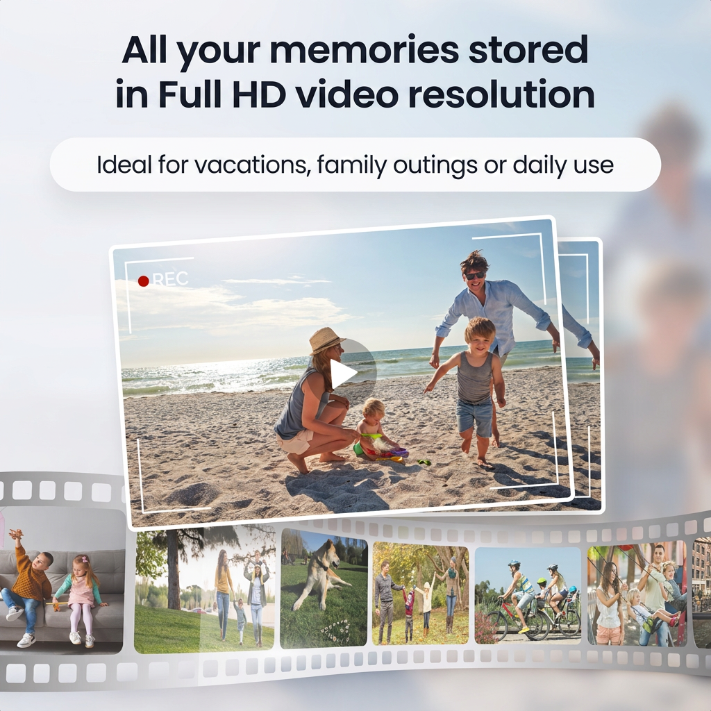 Promotiebeeld voor Full HD video met gezin op strand en filmstrip met verschillende activiteiten.