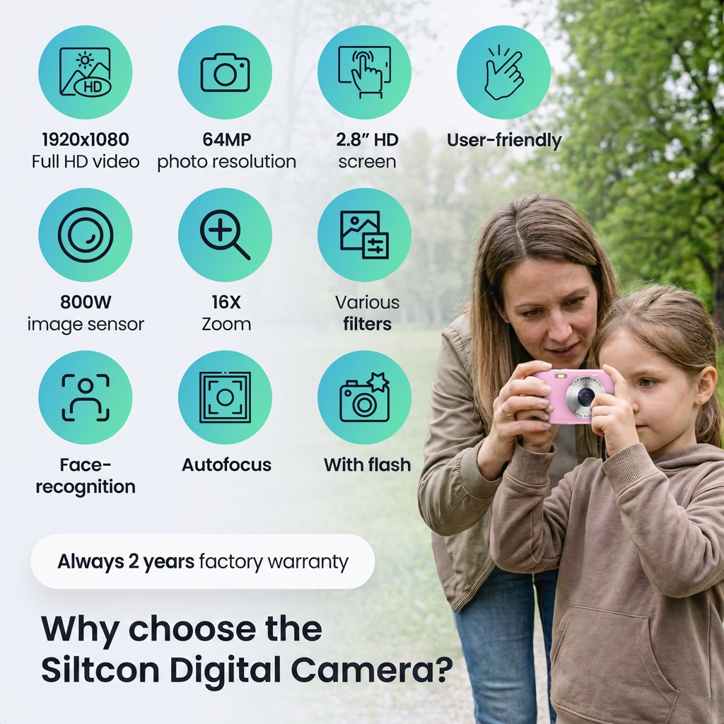 Een vrouw en meisje gebruiken een roze Siltcon digitale camera in een park.
