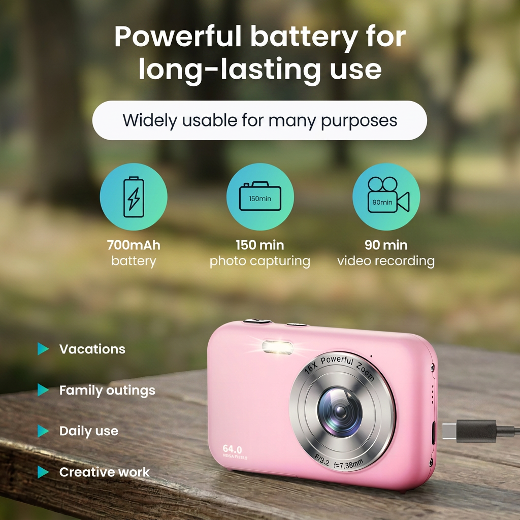 Een roze digitale camera op een houten tafel met batterij- en functie-iconen.