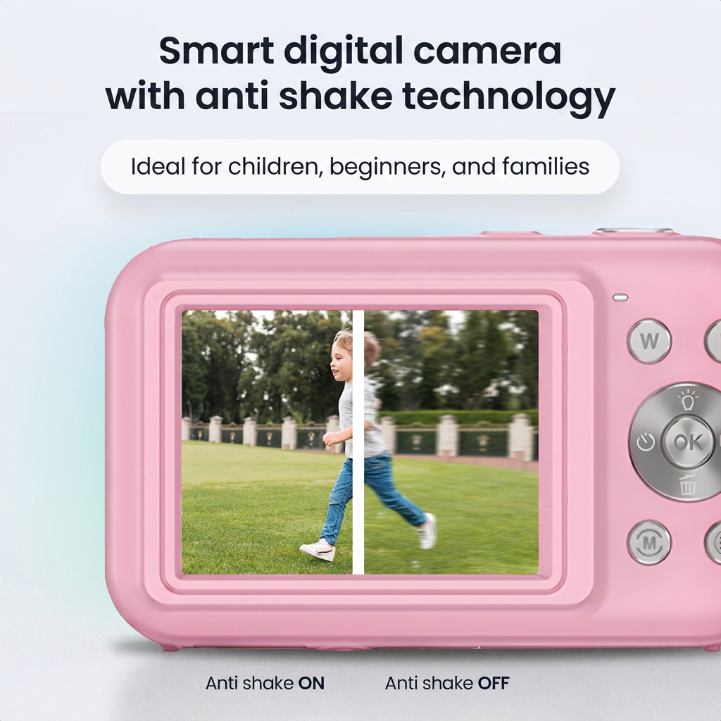 Roze kinderdigicam toont anti-shake technologie vergelijking met een scherp en een wazig rennend kind.