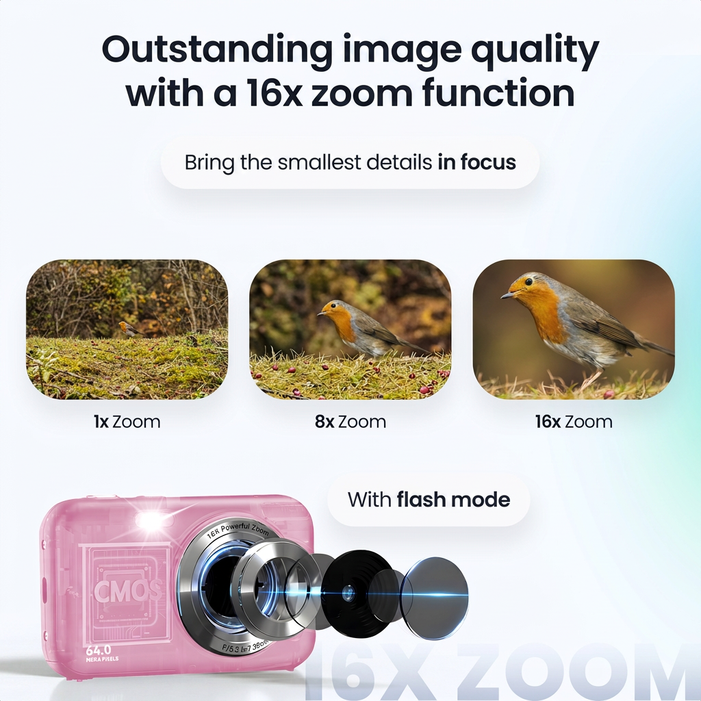 Roze camera met 16x zoom toont drie voorbeeld说的 foto's van een vogel bij 1x, 8x en 16x.
