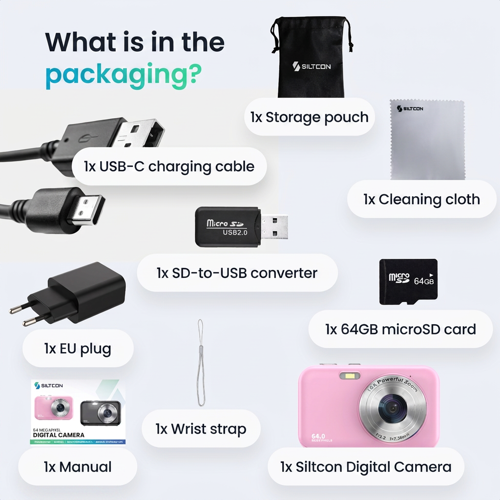 Inhoud van de verpakking van een roze Siltcon digitale camera, inclusief kabel, SD-adapter, geheugenkaart en accessoires.