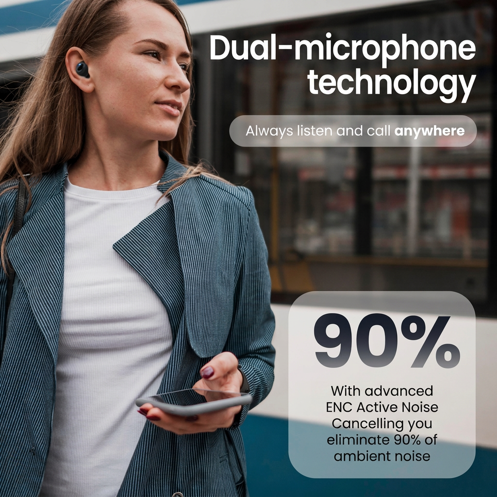 Frau mit In-Ear-Kopfhörern hält ein Smartphone, mit Texten zu Dual-Mikrofon-Technologie und Lärmunterdrückung.