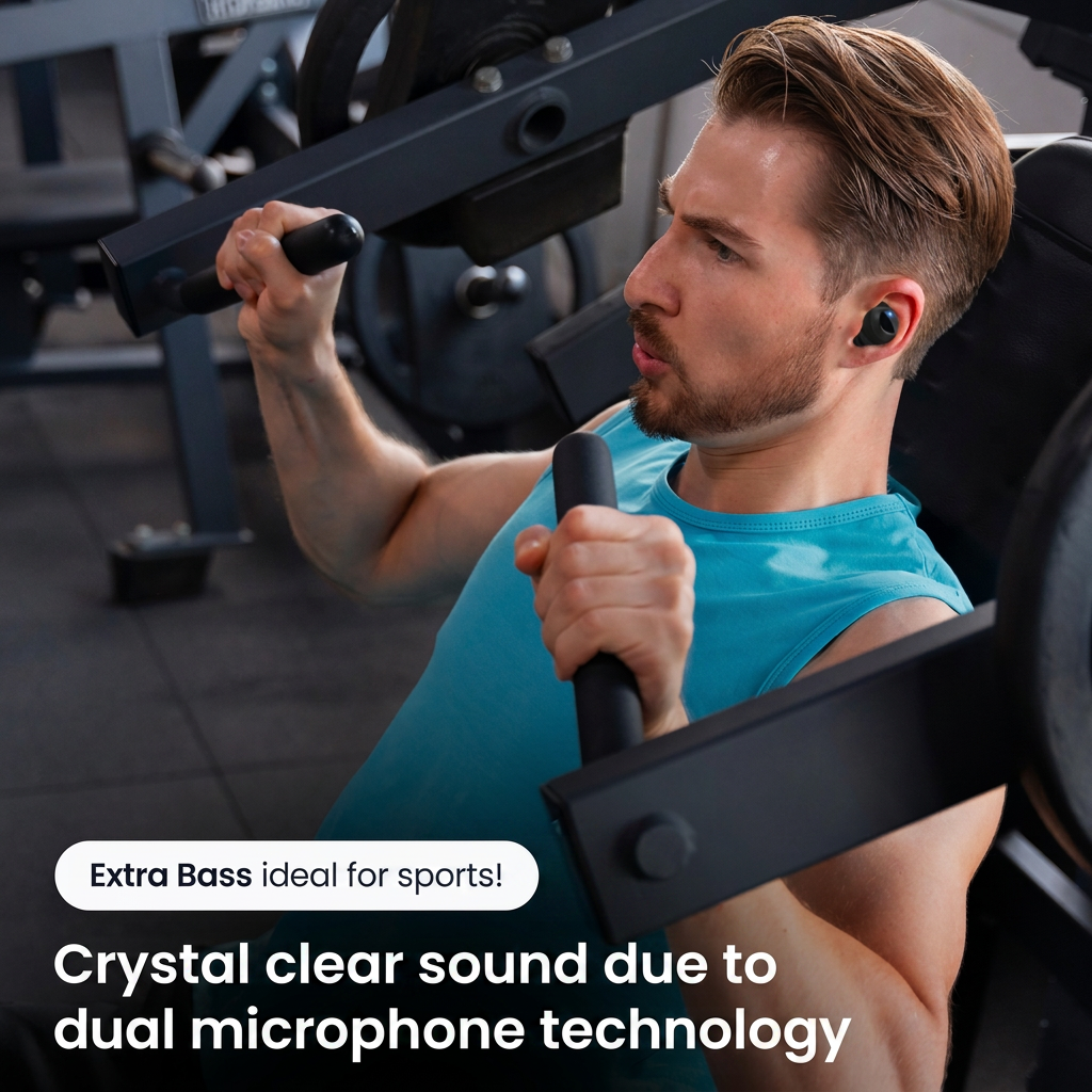Ein Mann im blauen Tanktop mit kabellosen Ohrhörern trainiert an einer Fitnessmaschine.