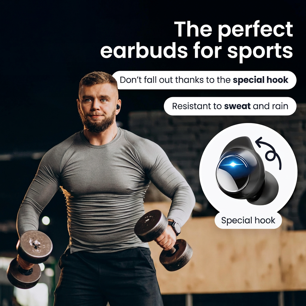 Ein Mann im Fitnessstudio mit Hanteln und Werbung für Sport-Ohrhörer.