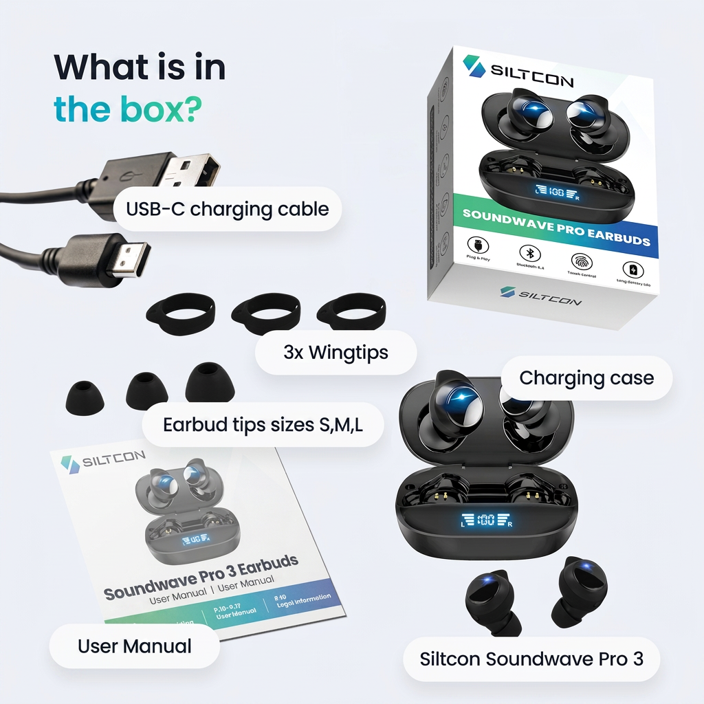 Lieferumfang der Siltcon Soundwave Pro 3 Ohrhörer mit Ladecase, Kabel, Flügeln, Aufsätzen und Anleitung.