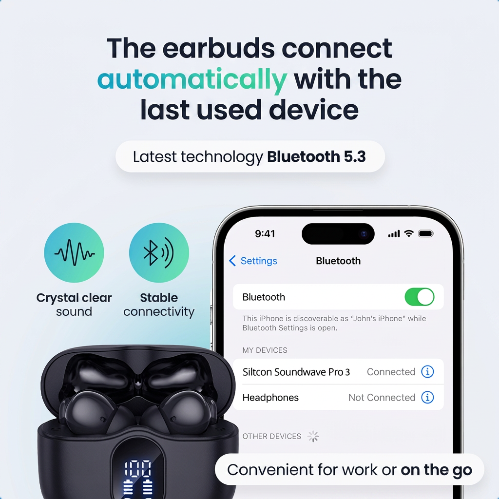 Werbebild für Bluetooth-Ohrhörer, die sich automatisch mit einem Smartphone verbinden.