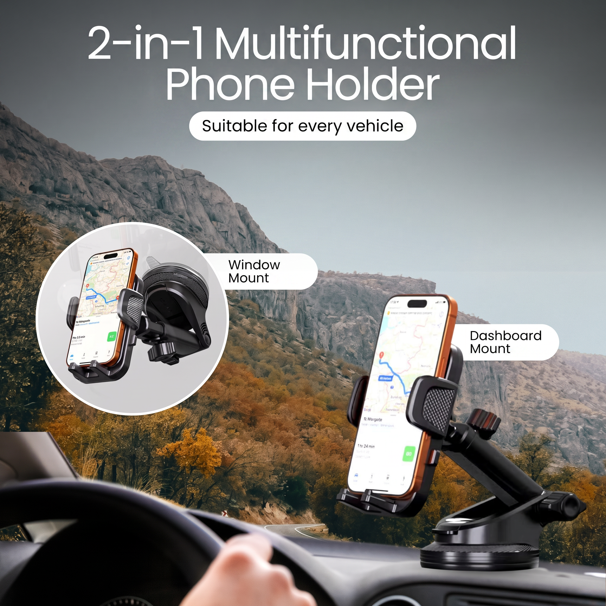 Een 2-in-1 multifunctionele autotelefoonhouder gemonteerd op dashboard en raam voor een berglandschap.