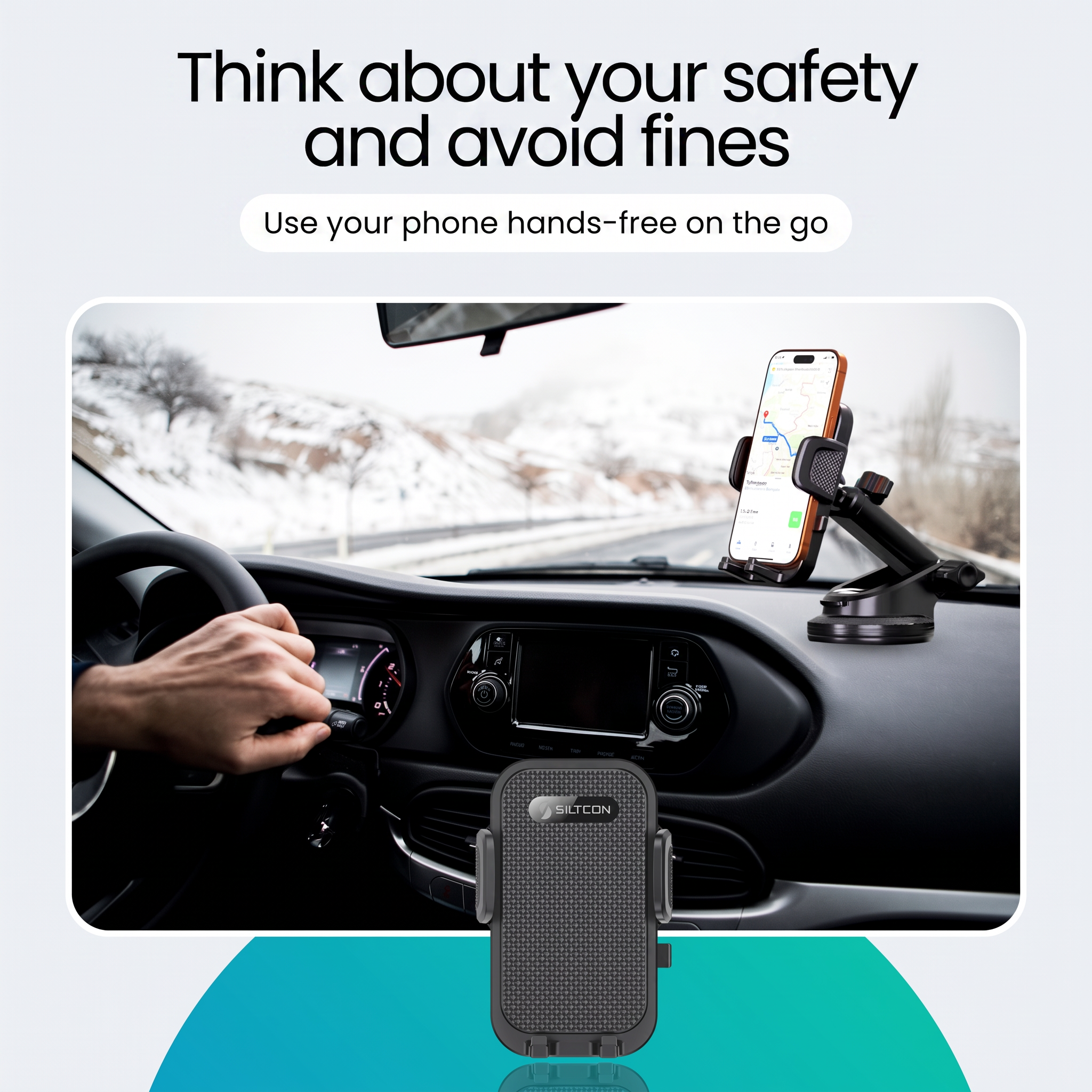 Smartphone in een autohouder op het dashboard, met een besneeuwd winterlandschap op de achtergrond.