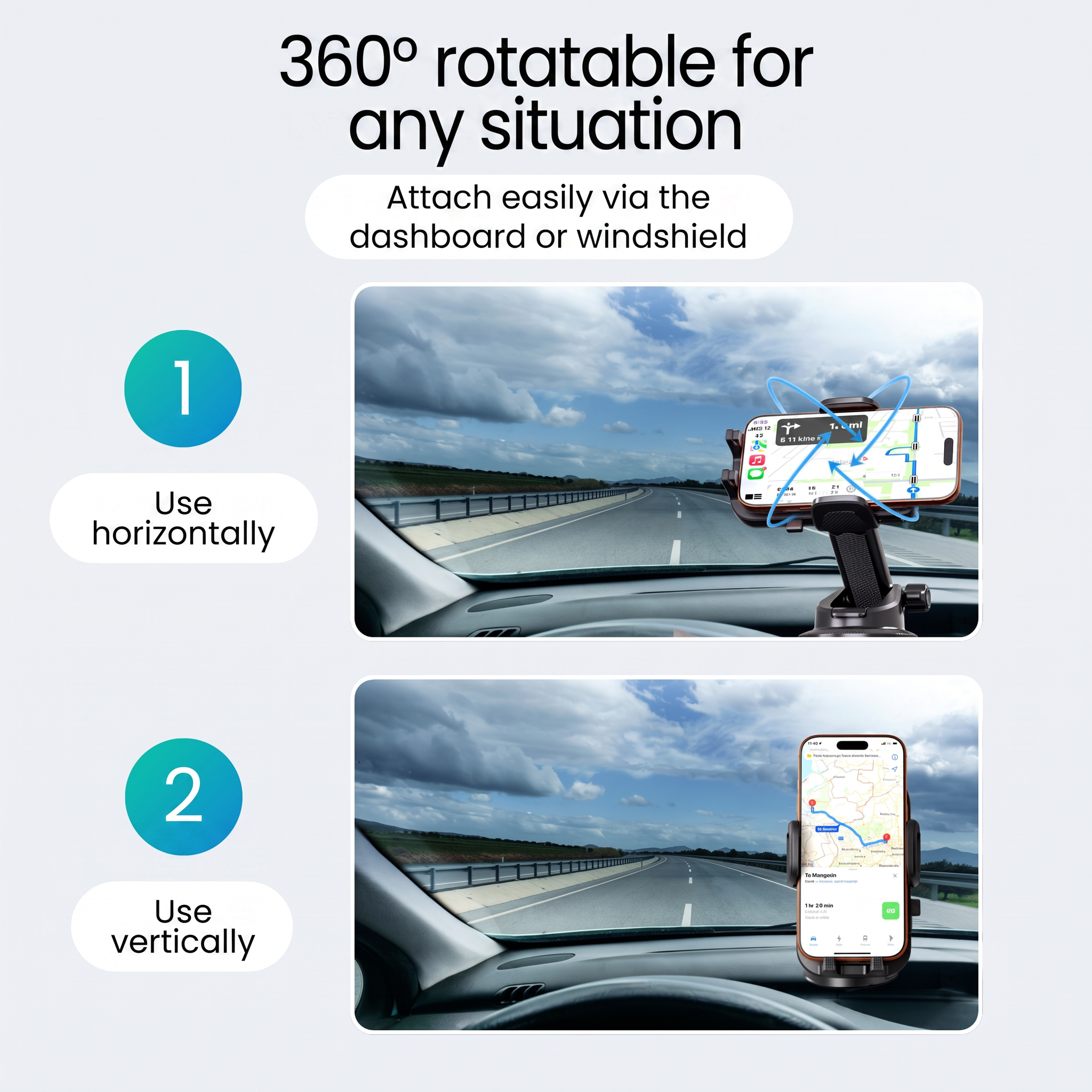 Autotelefoonhouder in horizontale en verticale positie.