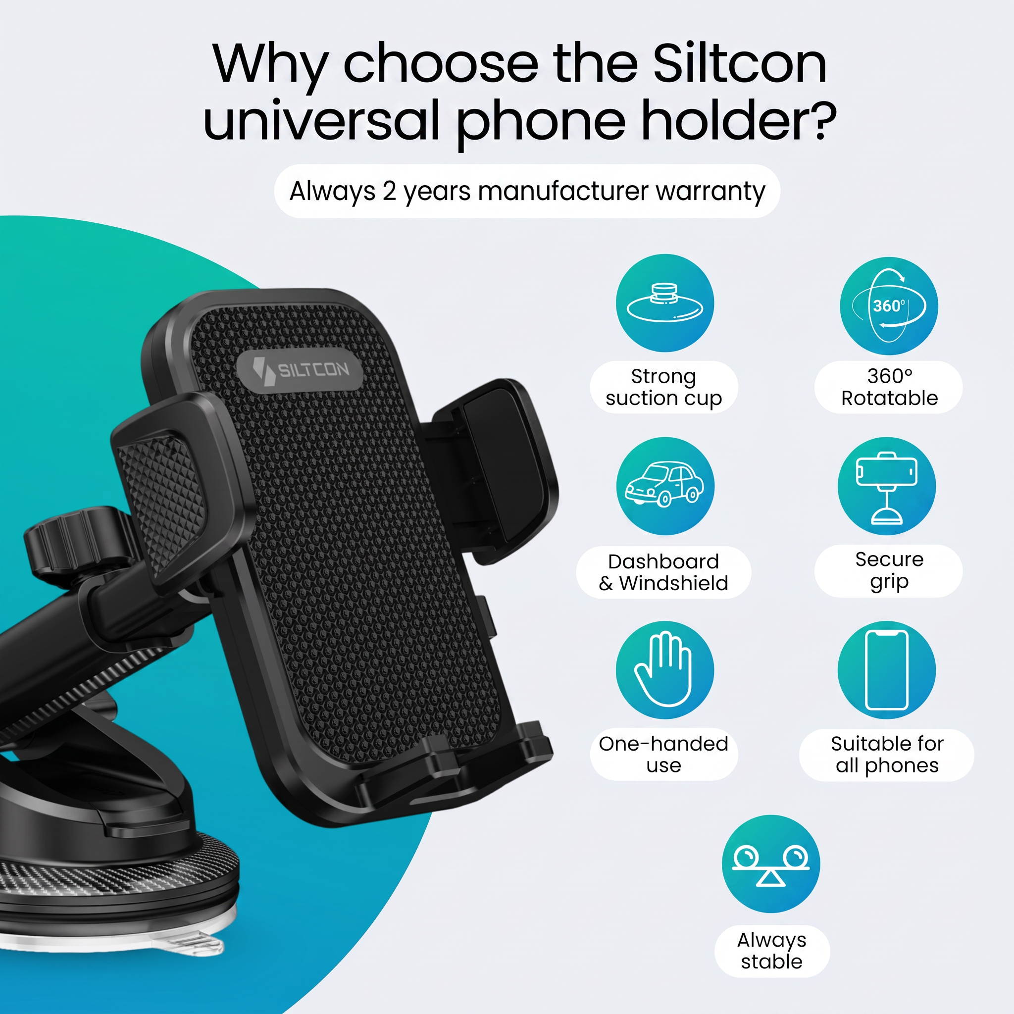 Siltcon universele telefoonhouder met zuignap, 360 graden rotatie en bediening met één hand.