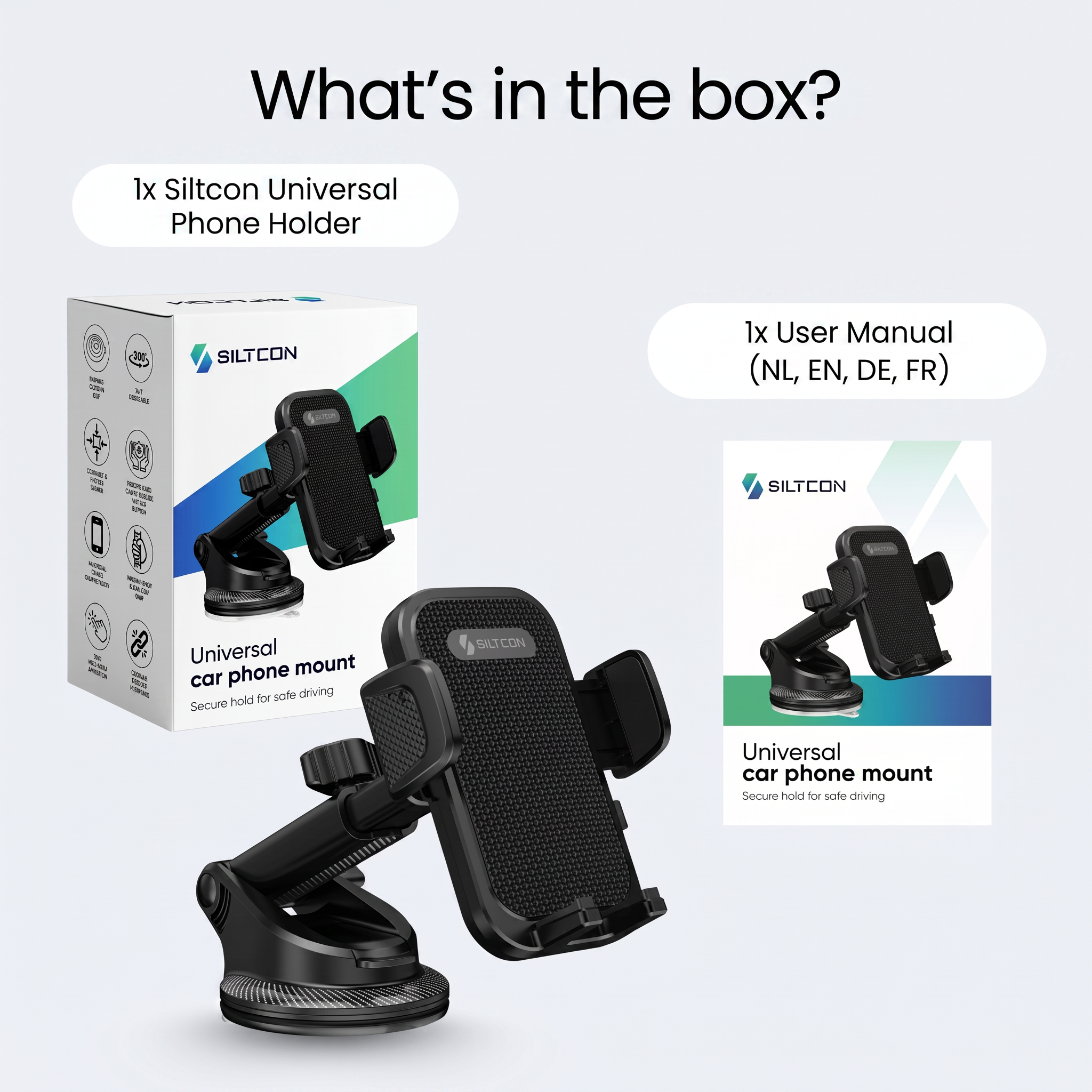 Productinhoud: één Siltcon universele autotelefoonhouder in een doos en een handleiding.