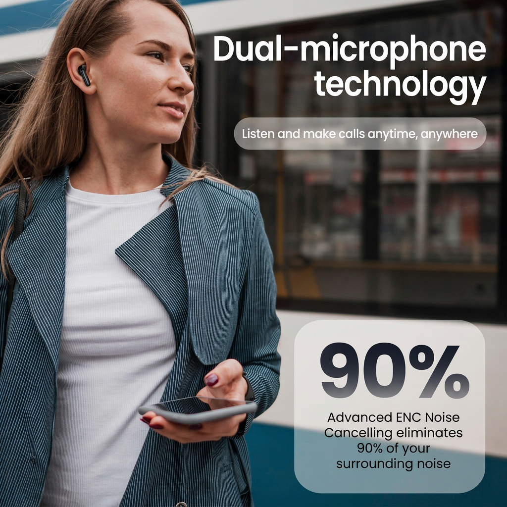 Eine blonde Frau mit Ohrhörern hält ein Smartphone, mit Text über Dual-Mikrofon-Technologie.