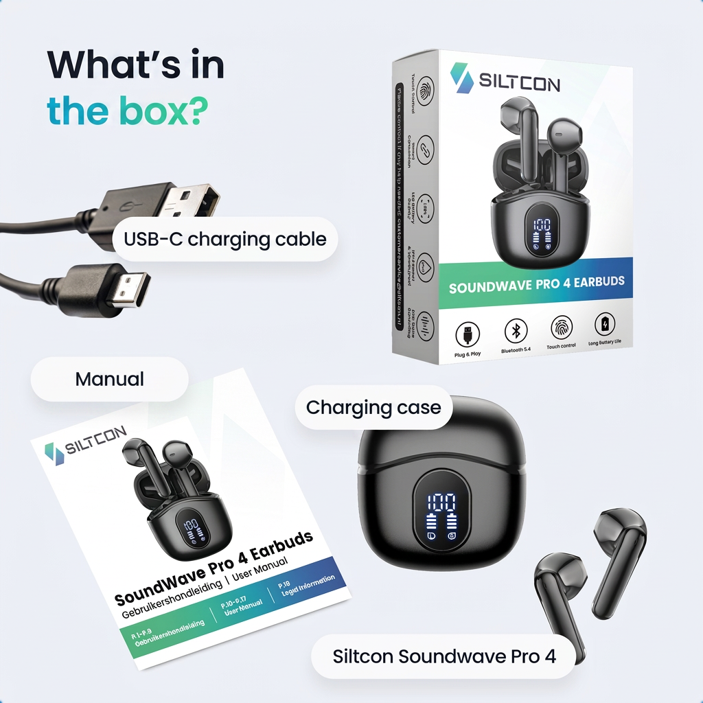 Siltcon Soundwave Pro 4 Ohrhörer, Ladecase, USB-C-Kabel und Handbuch.