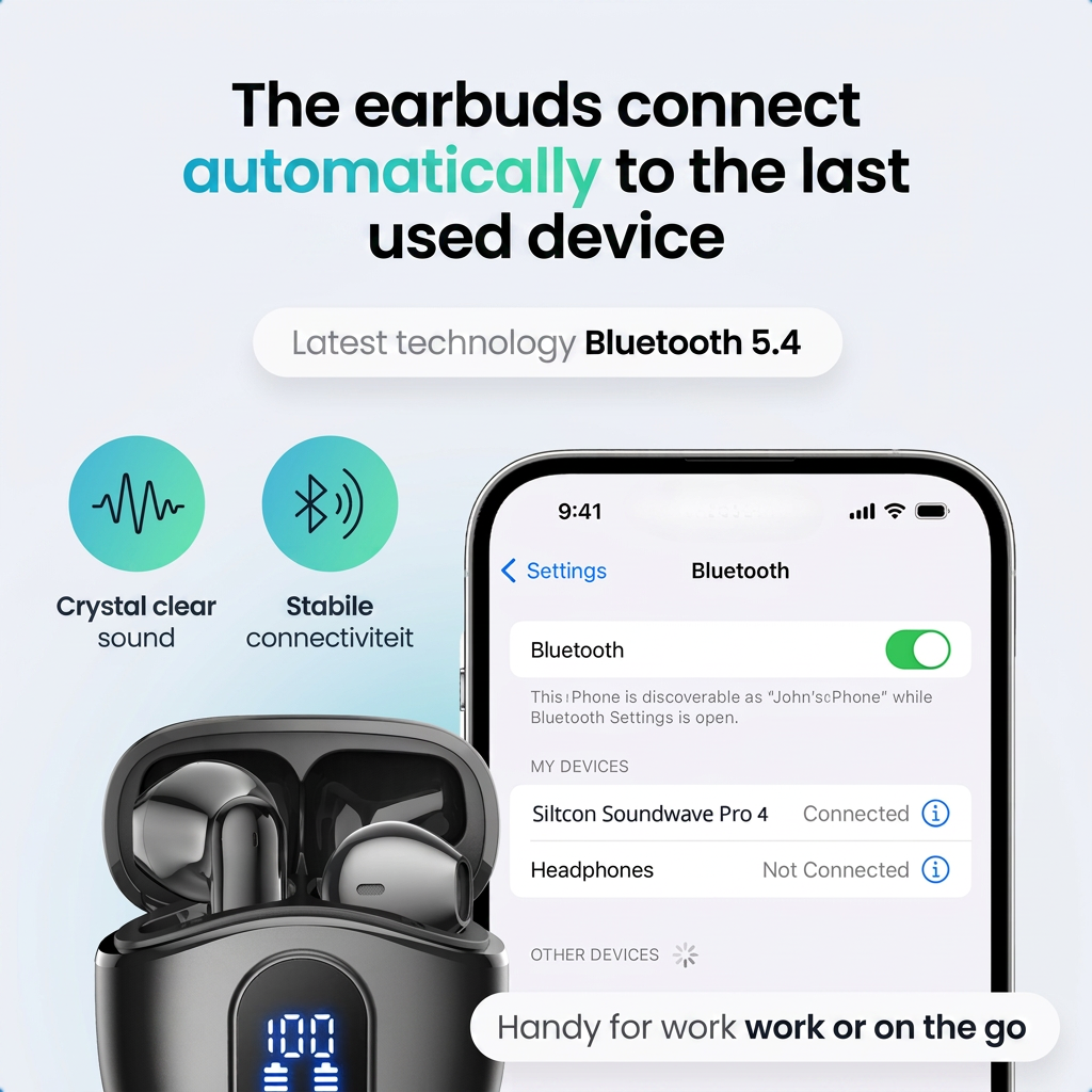 Werbebild für Bluetooth-Ohrhörer mit Ladecase, Smartphone-Bildschirm und Text über automatische Verbindung.